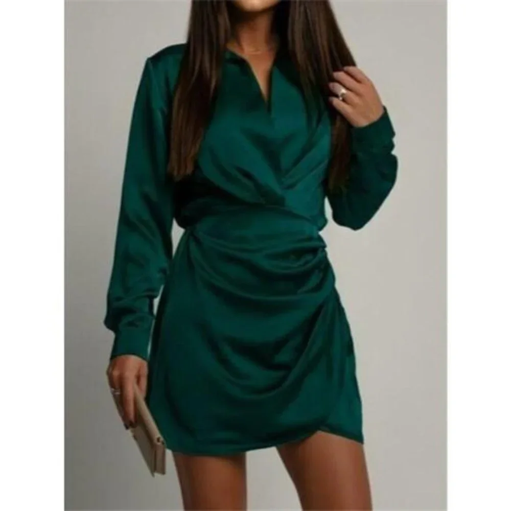 Collared Neck Long Sleeve Satin Dress - Picture 8 of 12